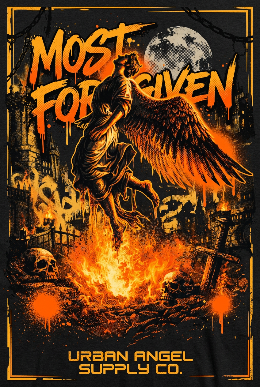 Fallen angel graphic streetwear poster in orange and black.
