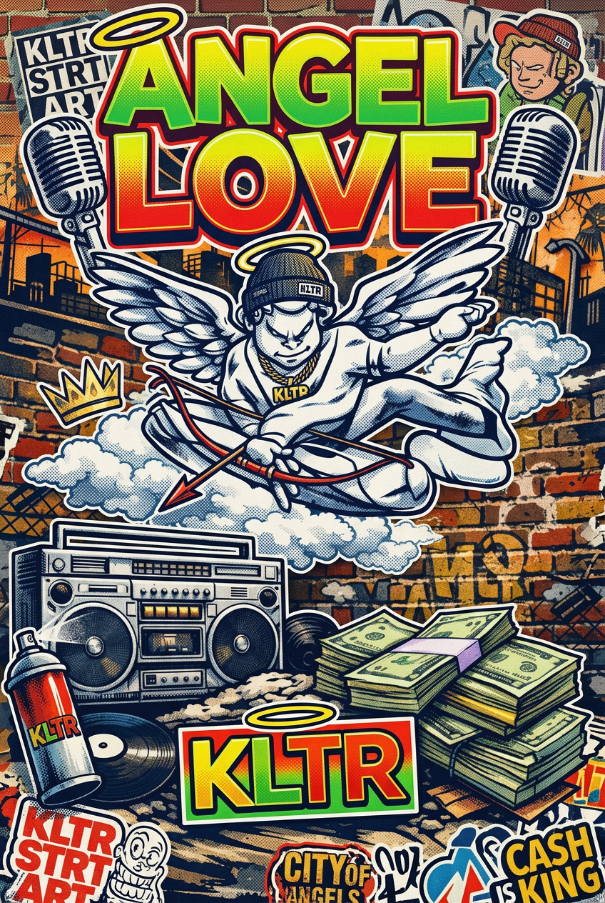 Angel love graffiti collage in red, yellow, and green.