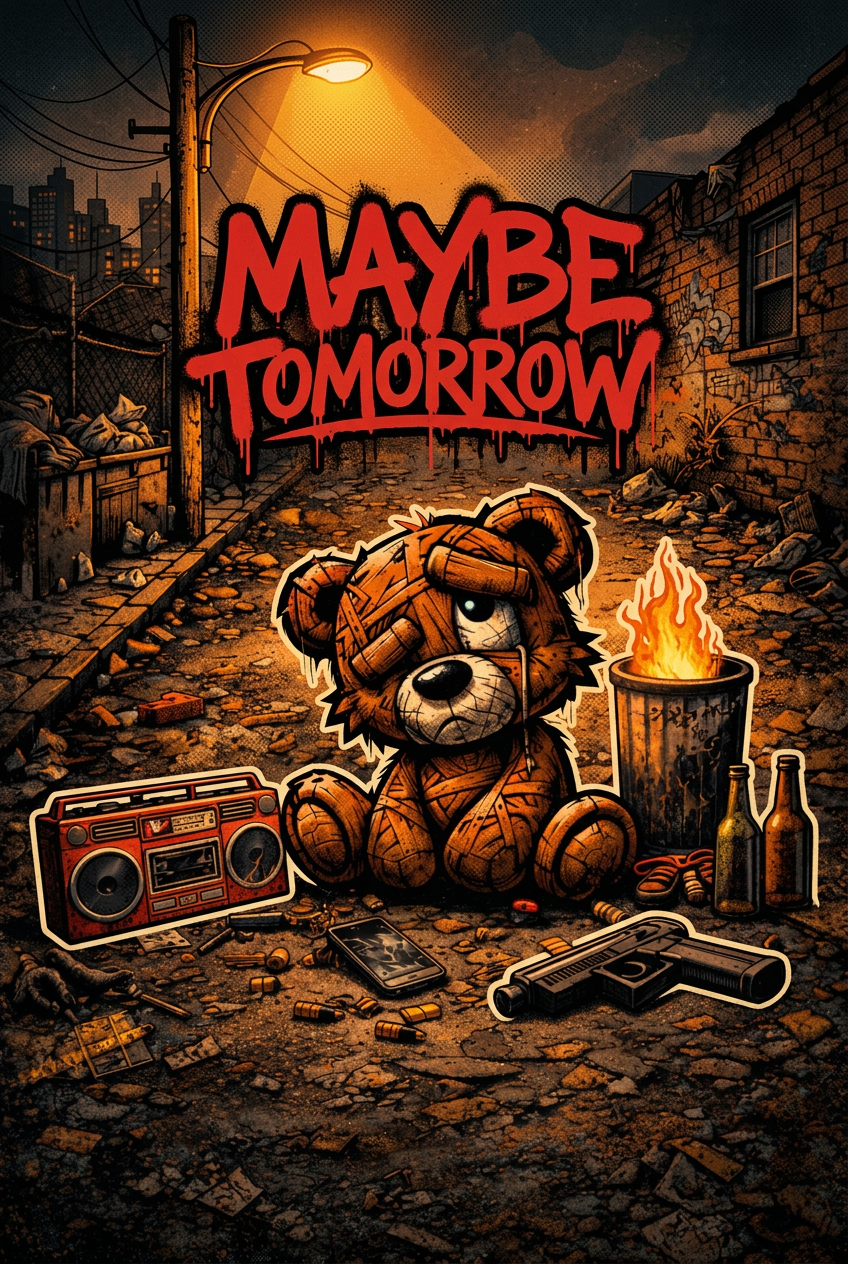 Street teddy urban graphic with red typography.