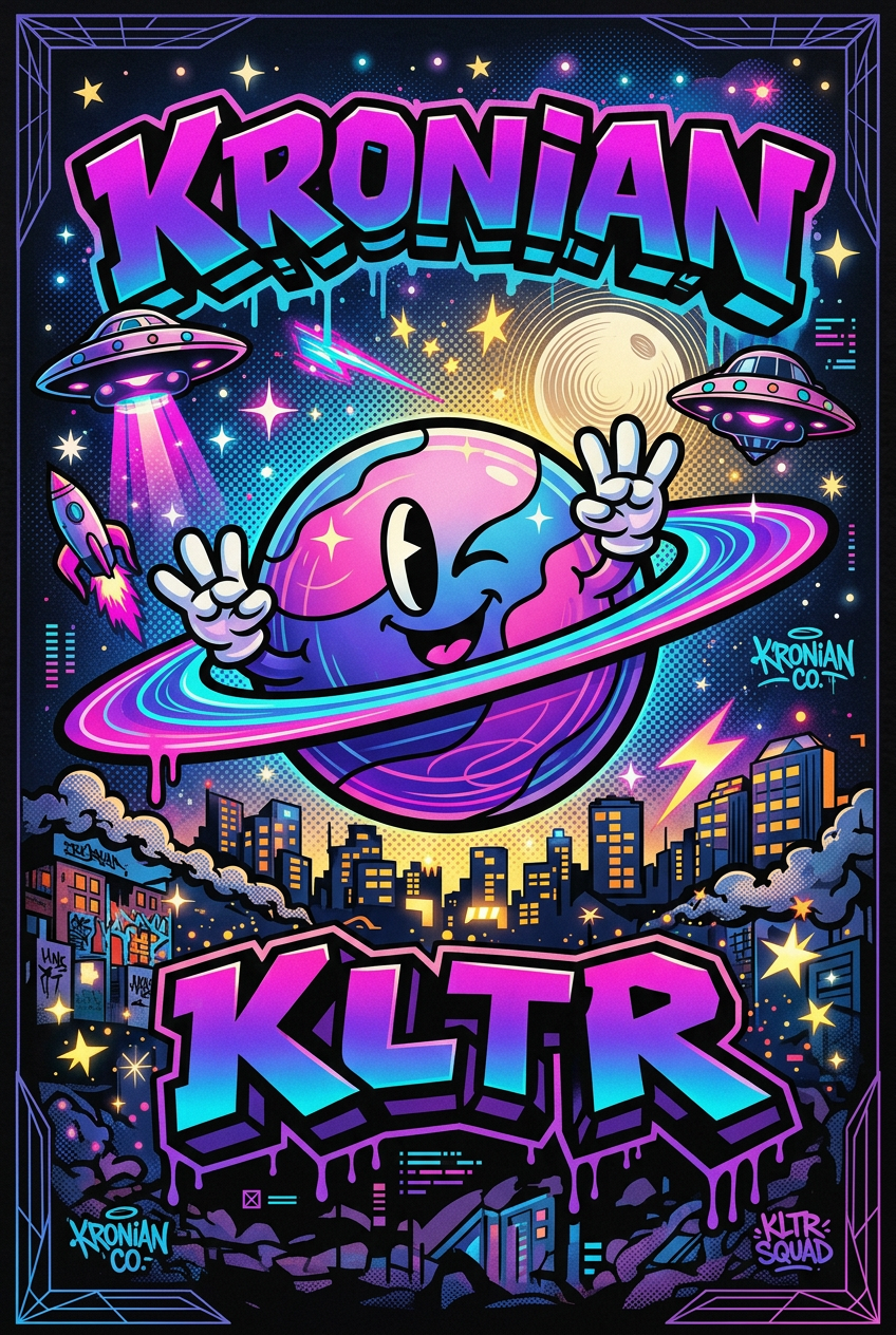 Cosmic graffiti Saturn graphic in purple, cyan, and magenta.