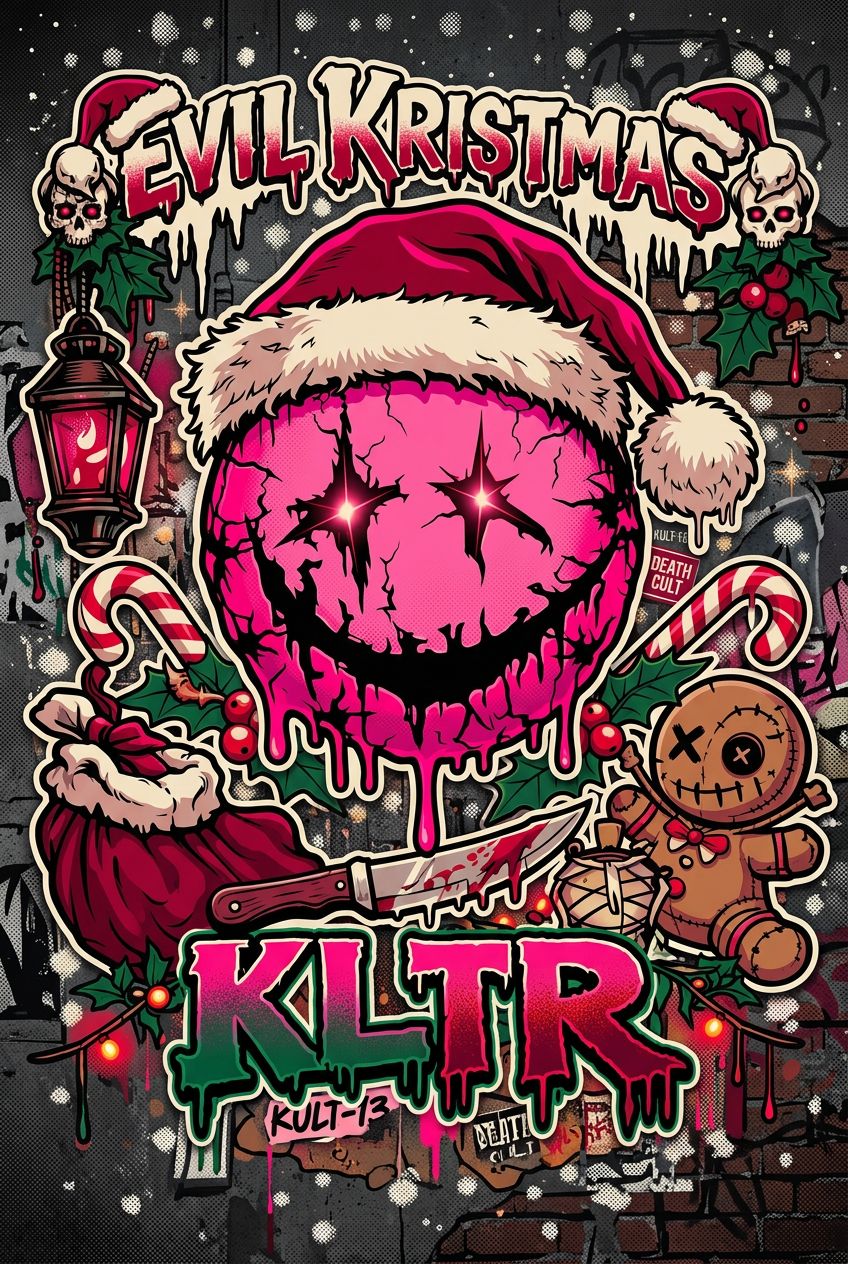 Dark holiday streetwear smiley graphic in pink, green, and cream.