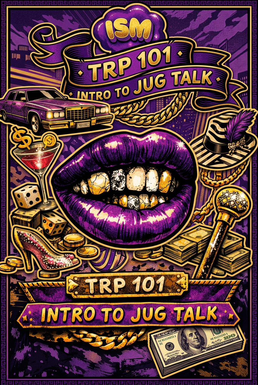 Purple lips and gold grillz streetwear graphic.