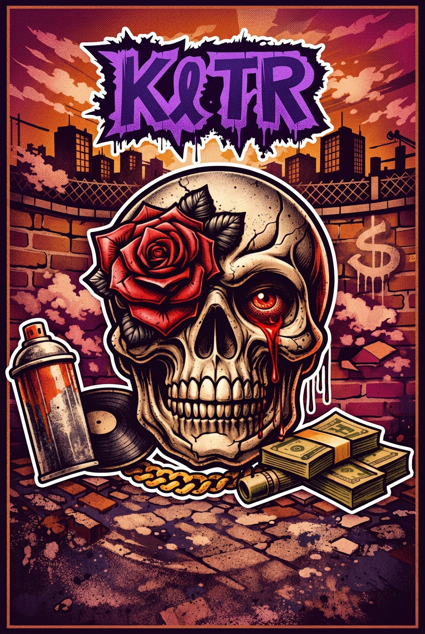 Skull and rose urban graphic in purple, orange, and red.