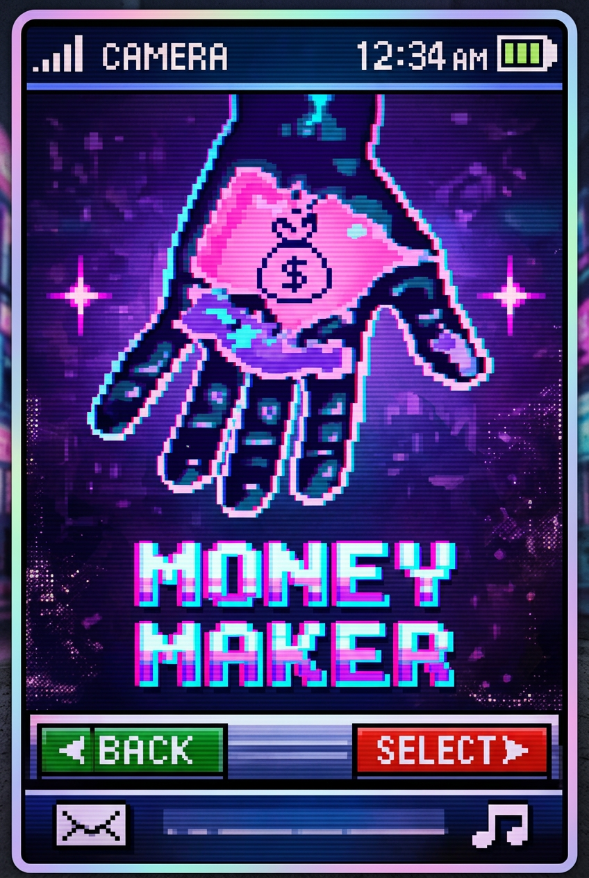 Y2K pixel money maker graphic in neon pink, cyan, and violet.