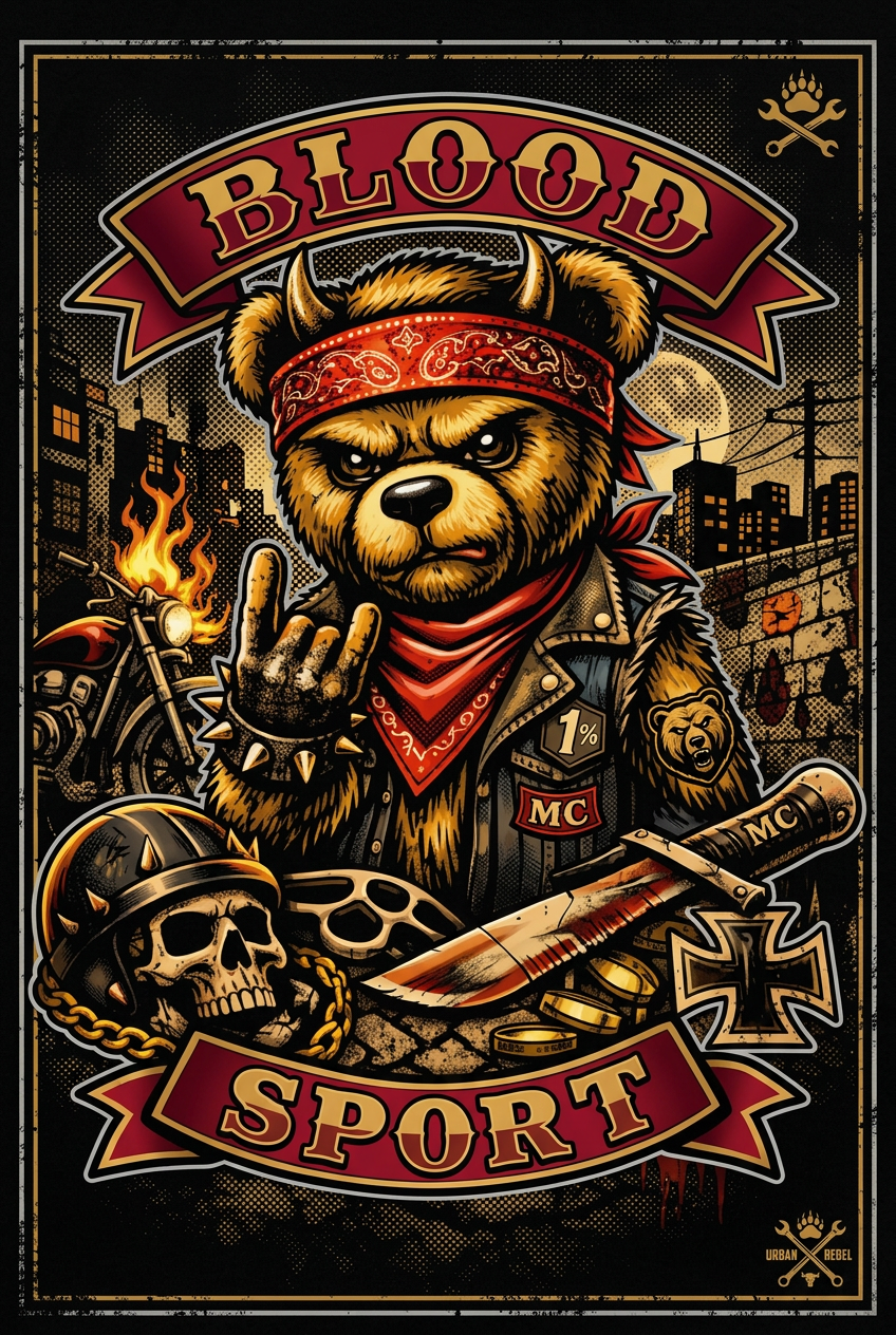 Biker bear graphic in crimson, gold, and black.