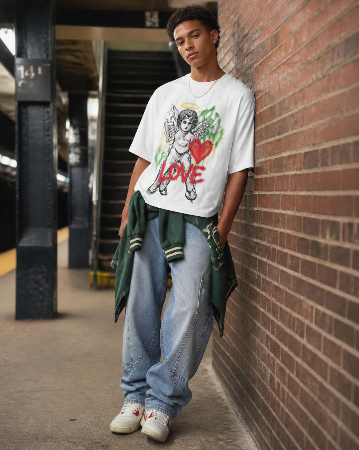 White angel love tee styled in a subway setting.