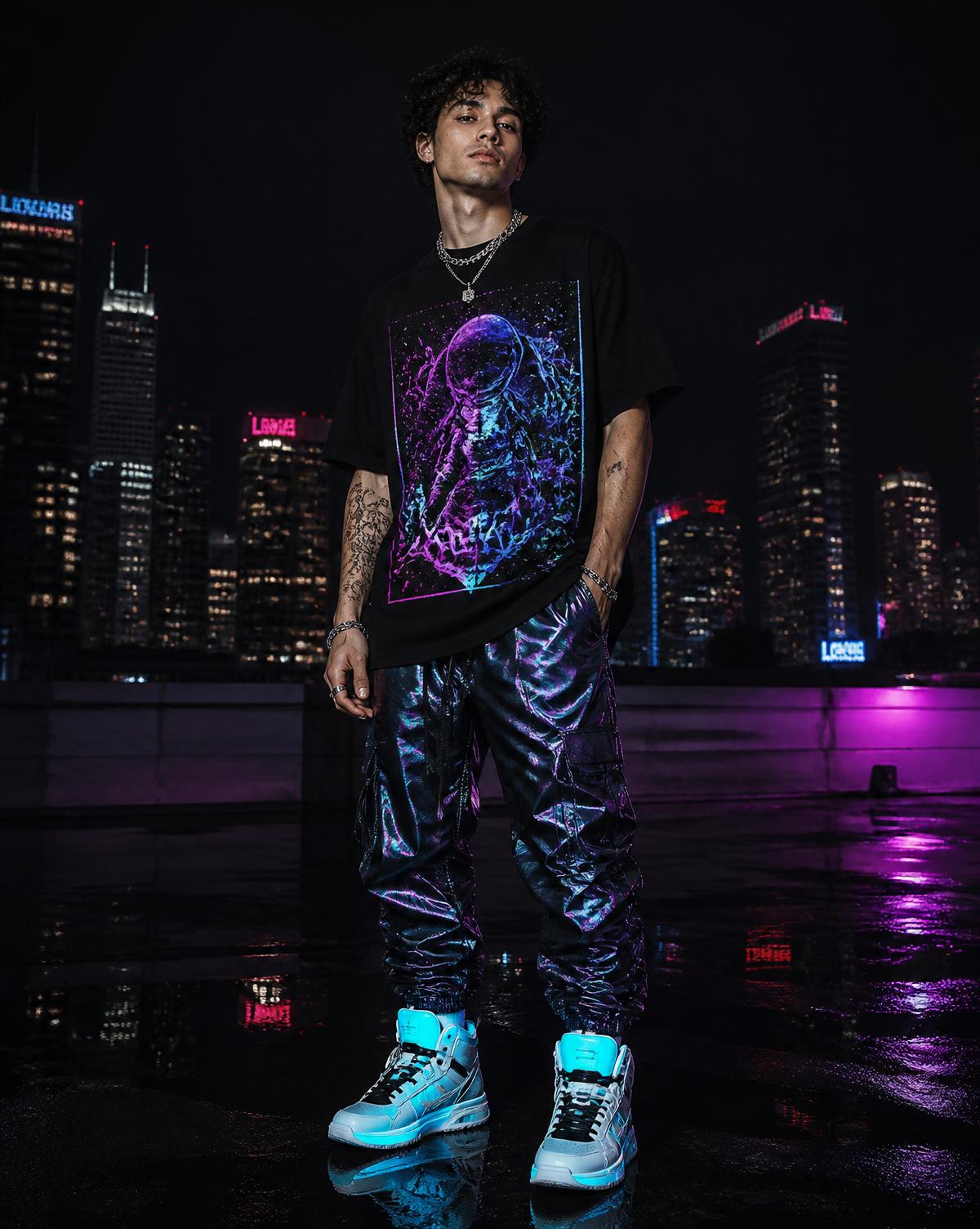Neon rooftop styling with cosmic tee and reflective pants.
