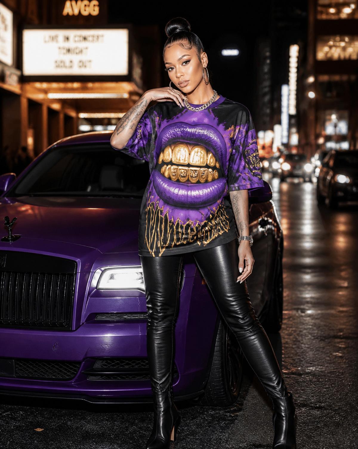 Purple nightlife look centered on lips graphic tee.