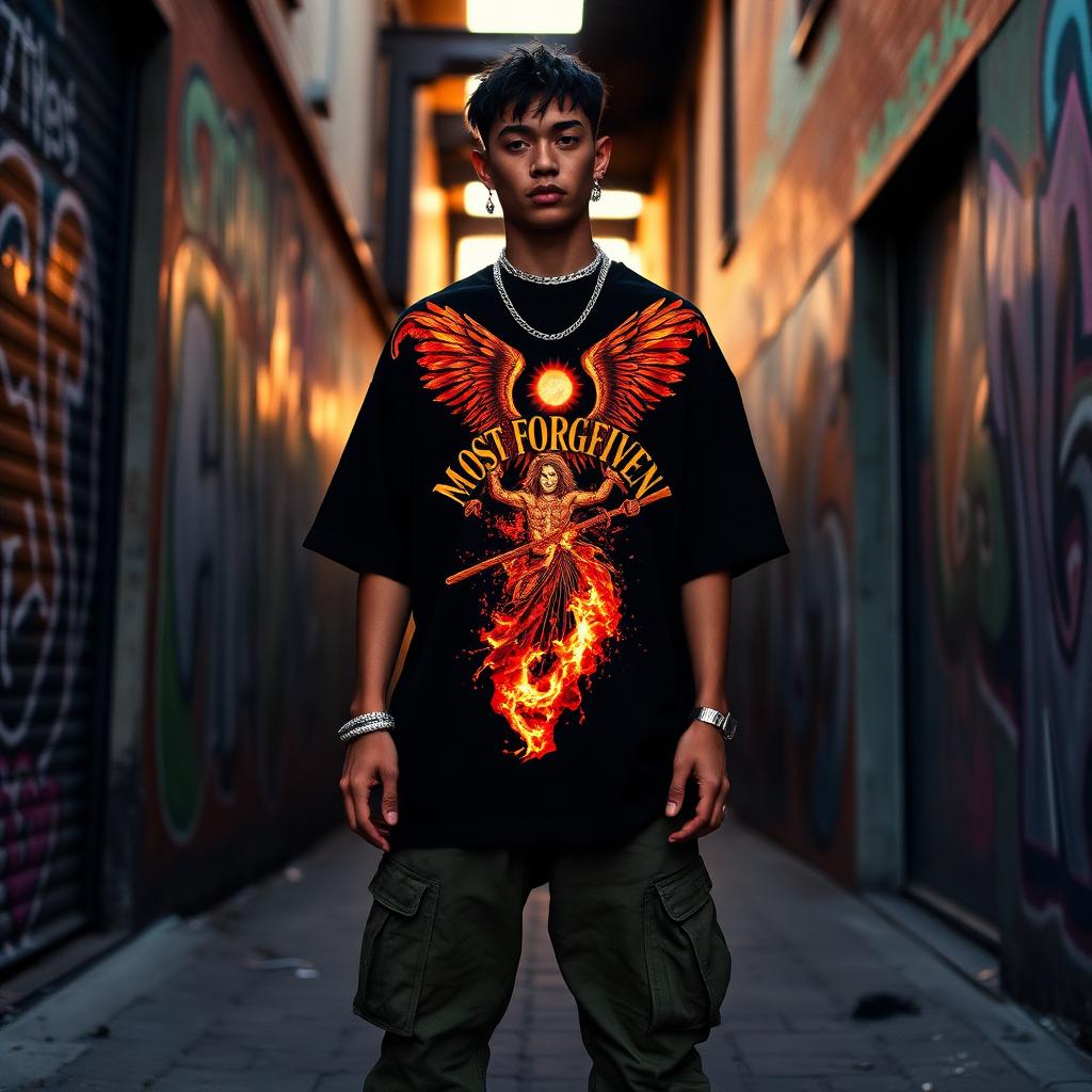 Fiery angel tee with olive cargo pants.