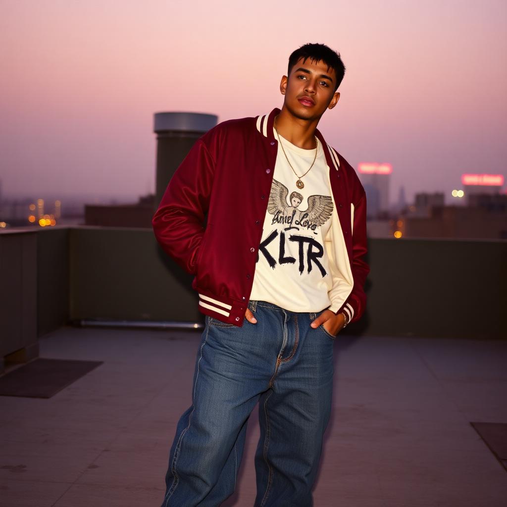 Cherub graffiti tee with burgundy varsity jacket.