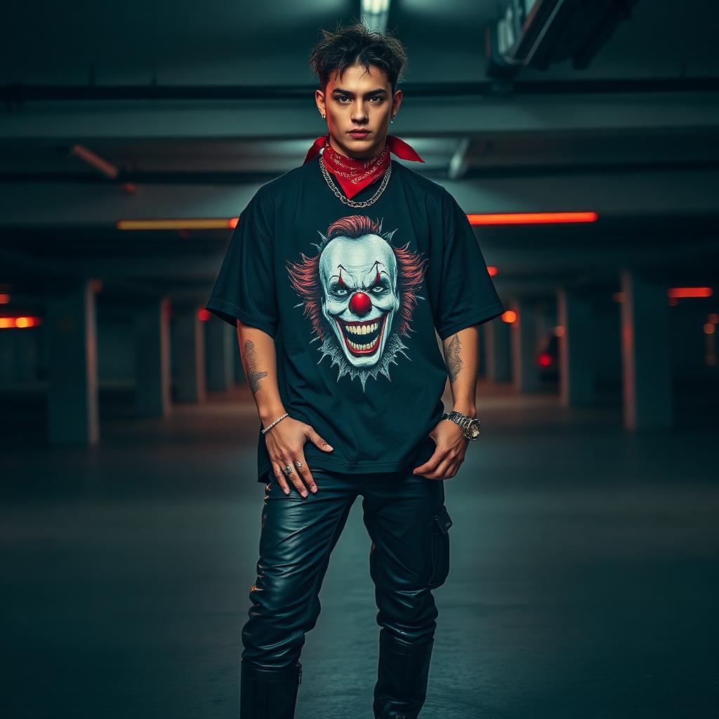 Horror carnival tee with leather biker pants.