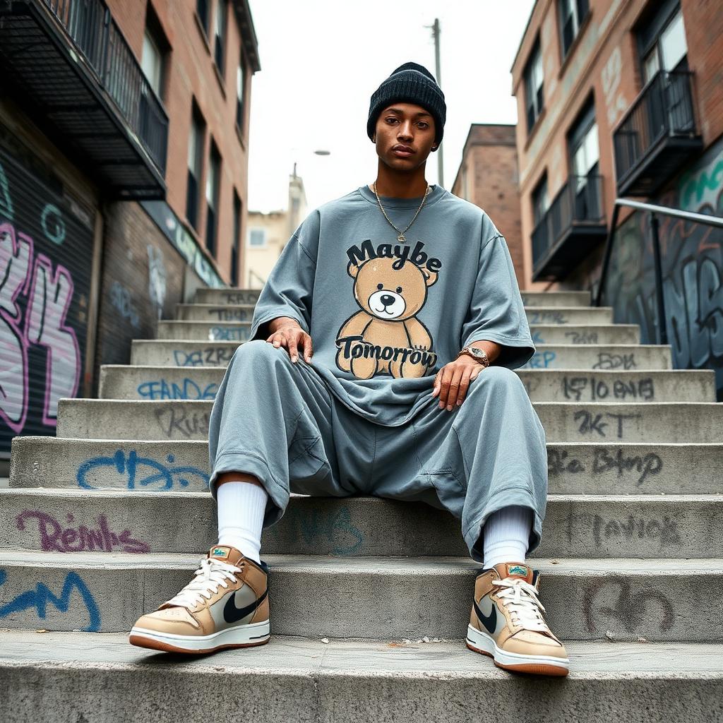 Teddy bear tee with baggy sweat shorts.
