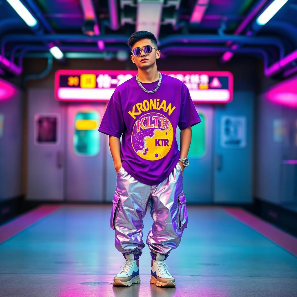 Cosmic tee with metallic silver techwear.