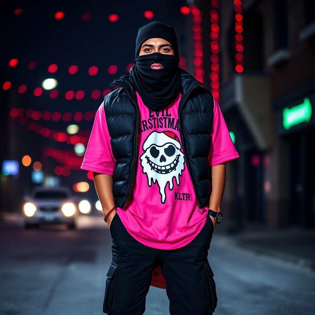 Evil Kristmas tee with puffer vest and balaclava.