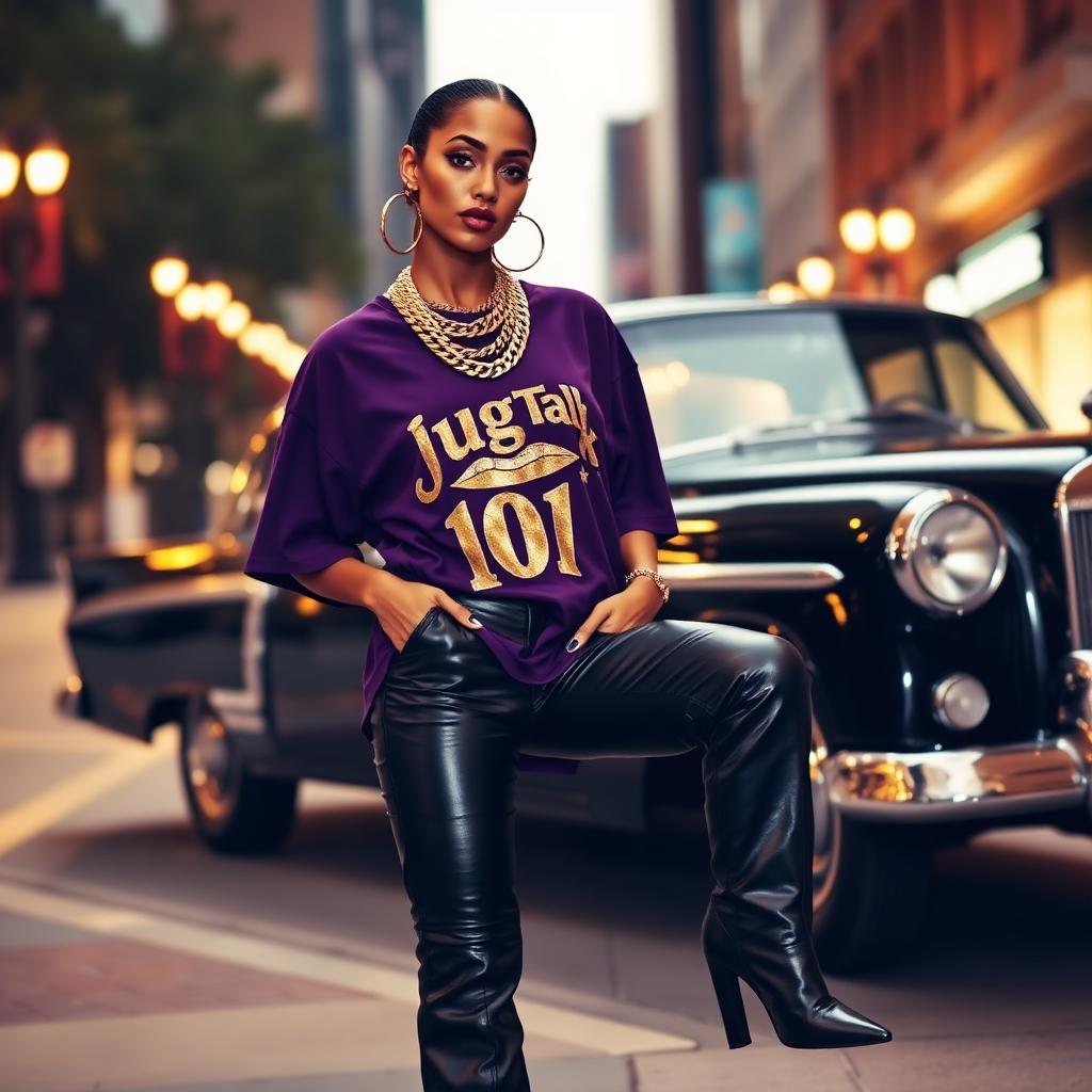 Purple lips tee with leather flare pants.