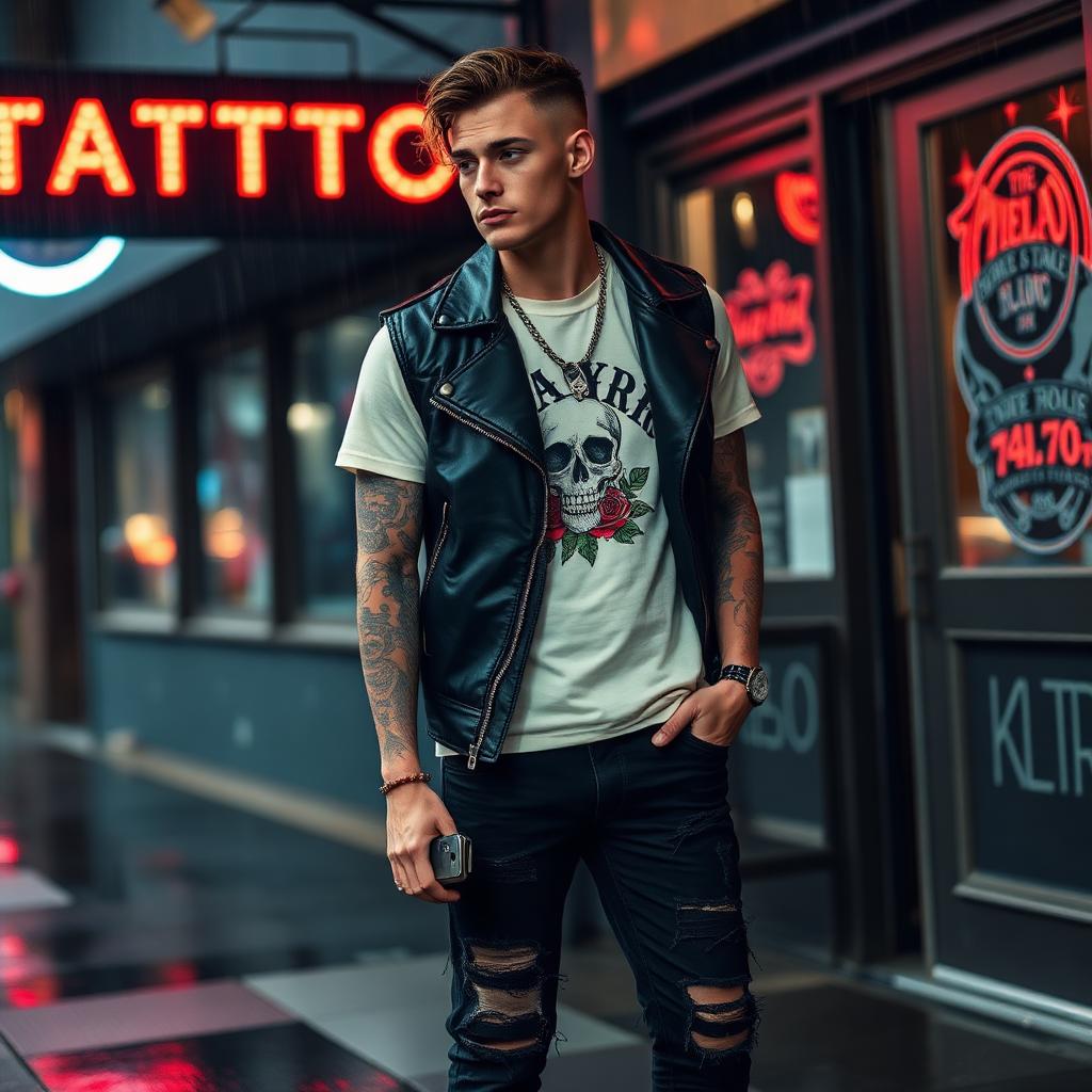 Skull rose tee with leather moto vest.