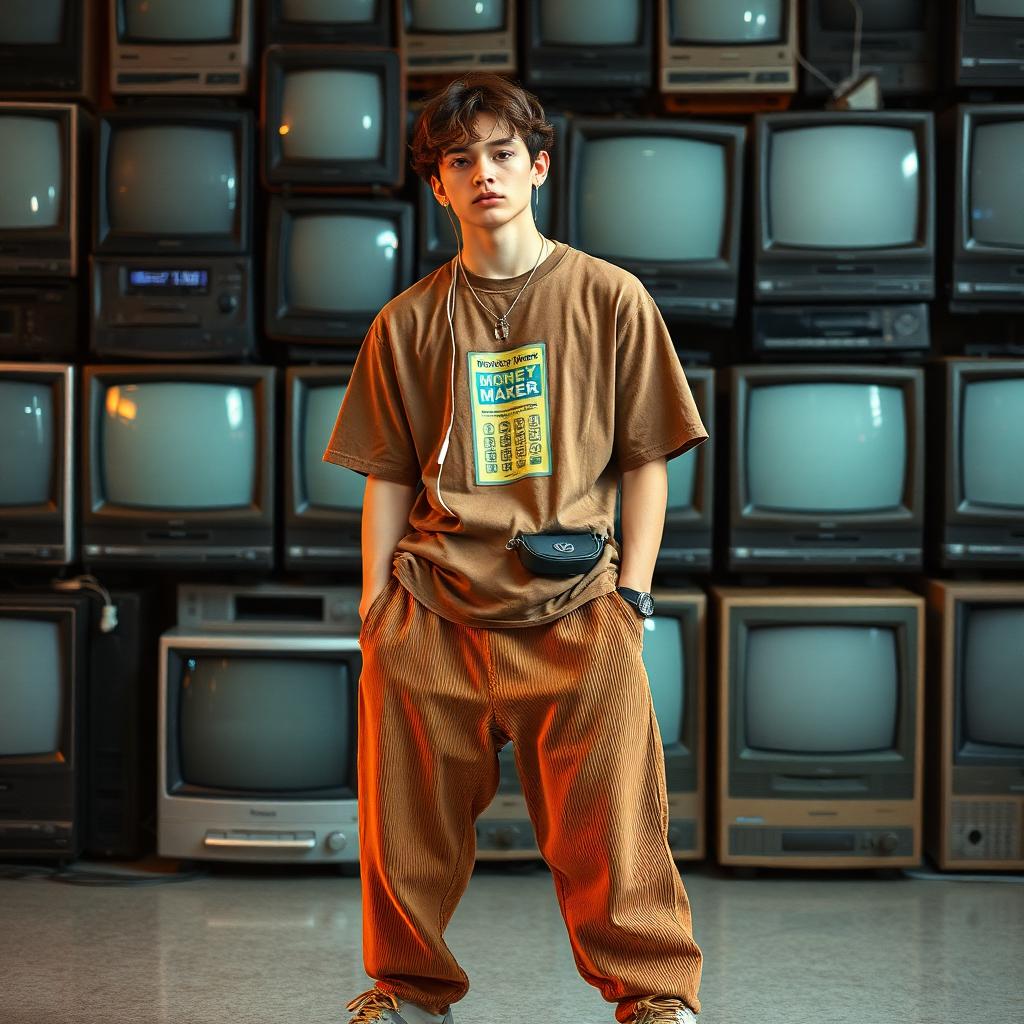 Money Maker tee with corduroy pants and retro tech.