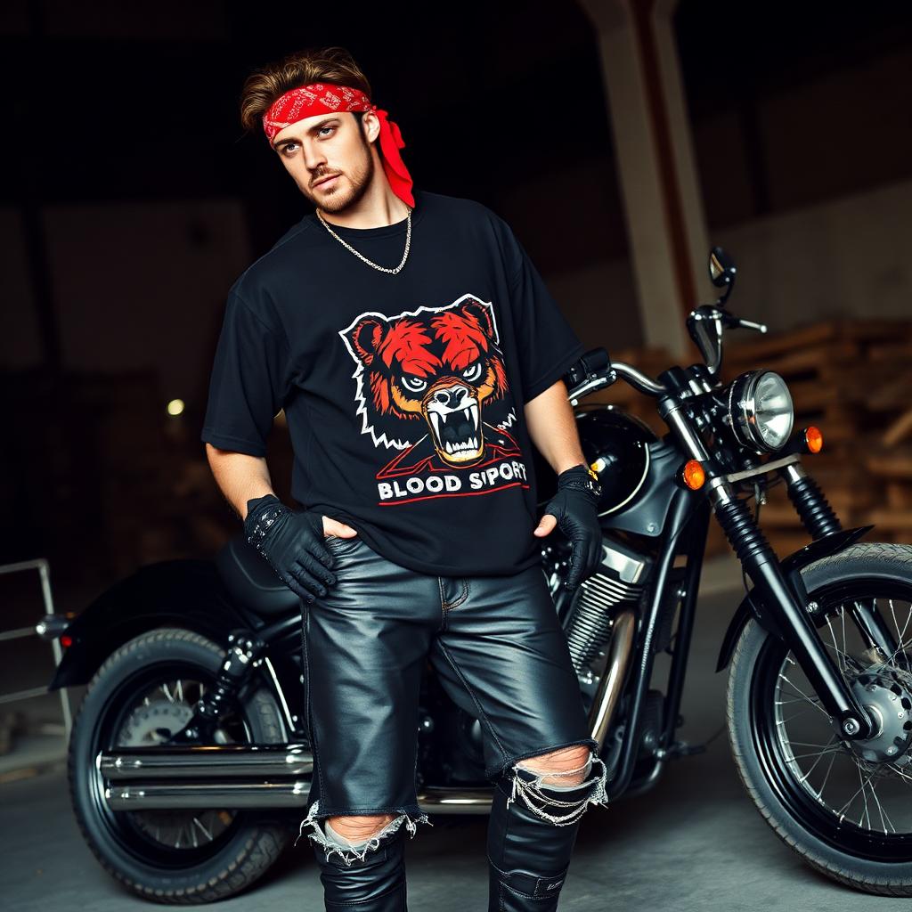 Blood Sport bear tee with leather chaps and motorcycle.