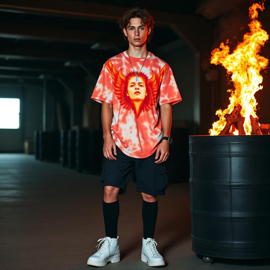 Tie-dye fiery angel tee with tactical shorts.