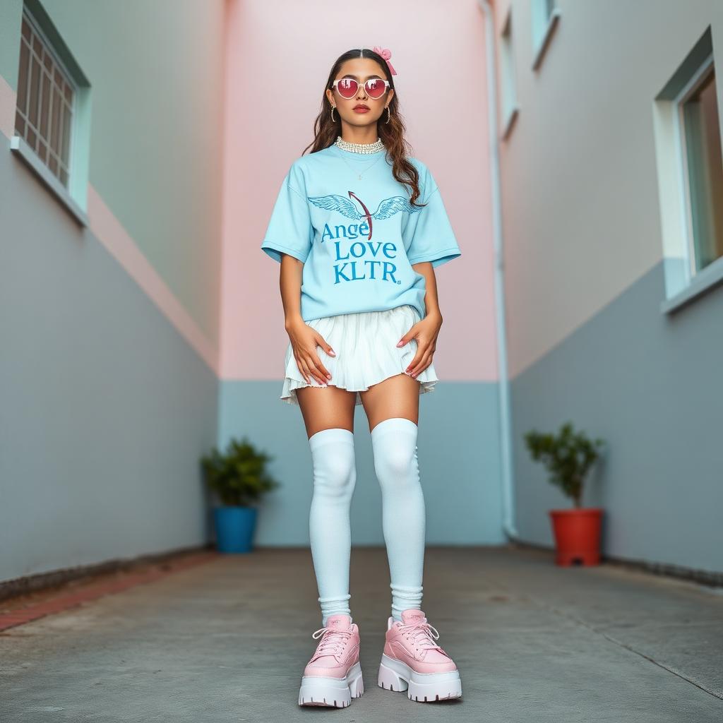 Pastel angel love tee with tennis skirt and platforms.
