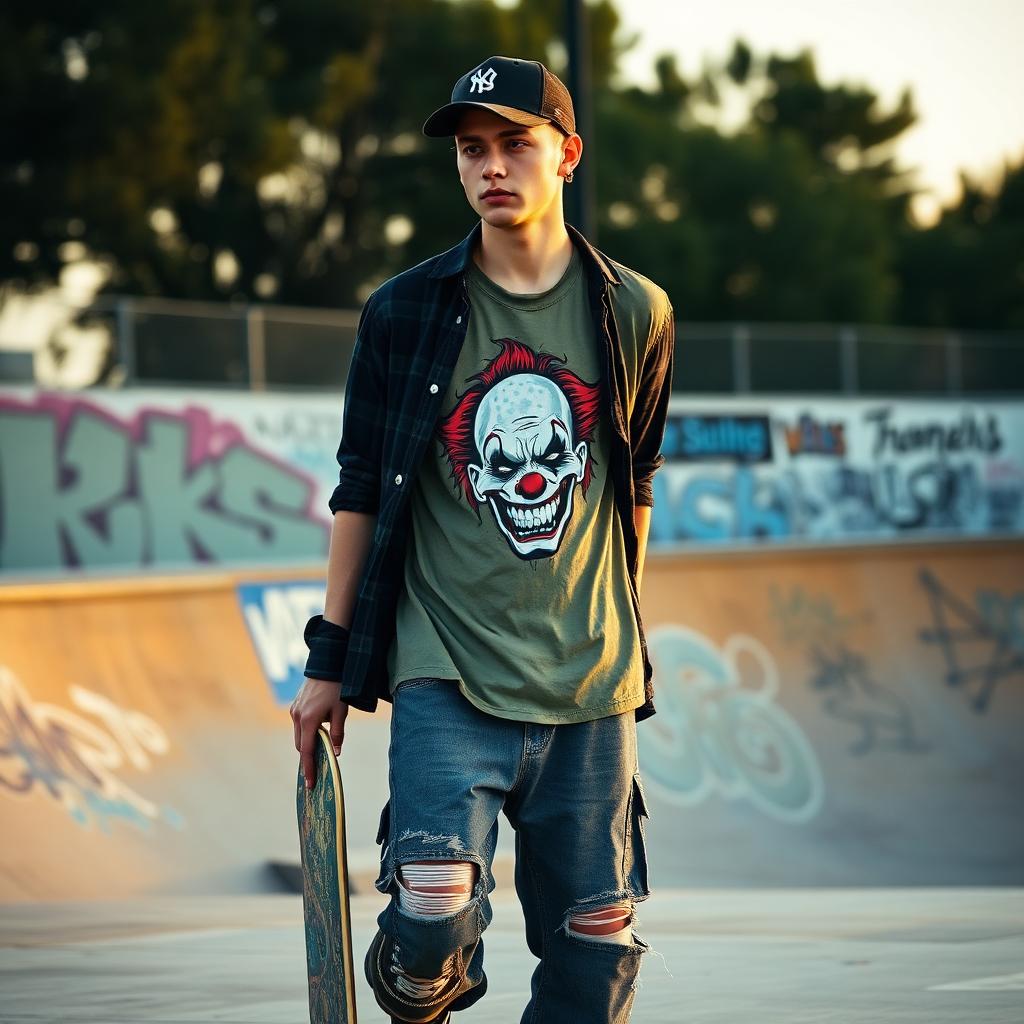 Horror clown tee with flannel skate styling.