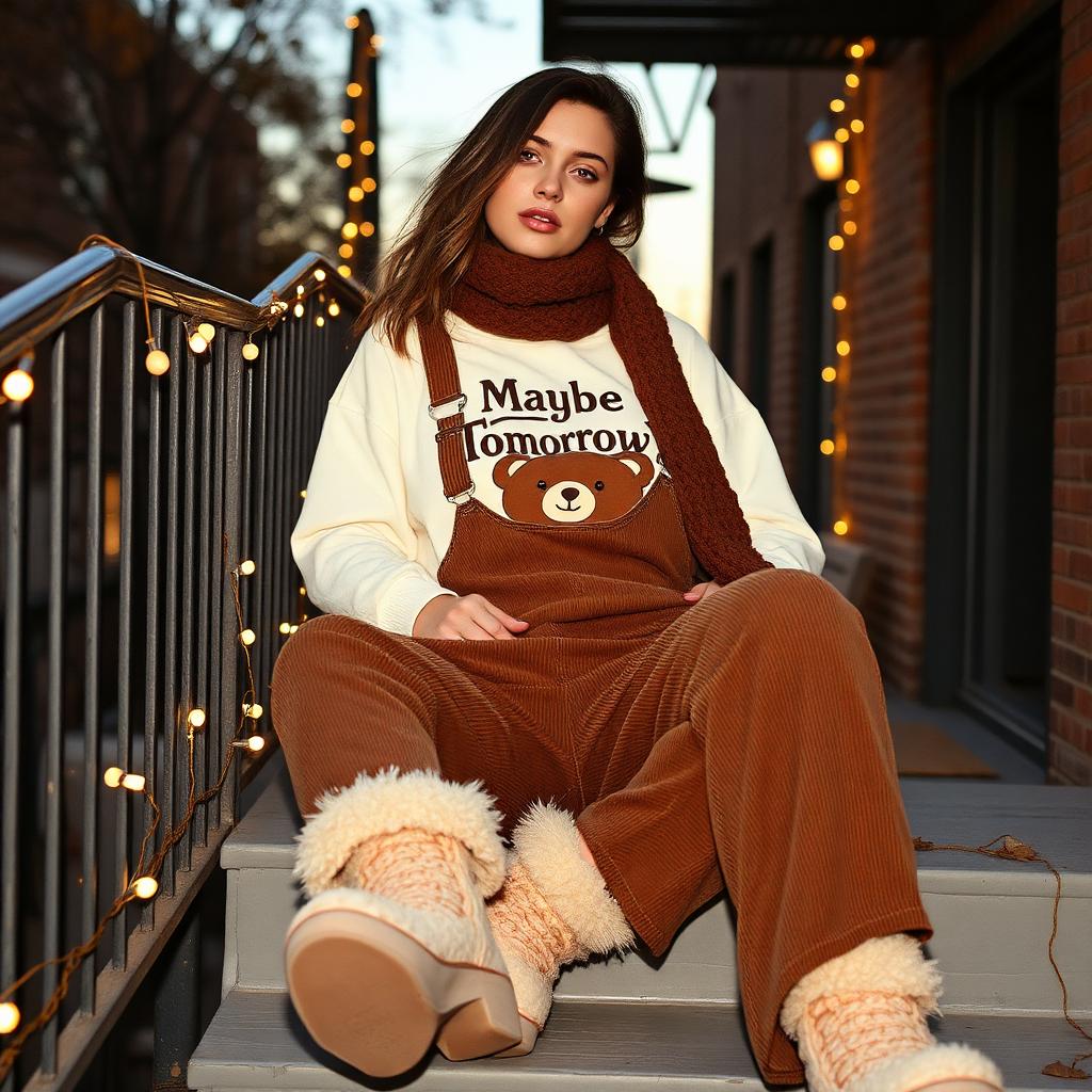 Teddy bear tee with corduroy overalls.