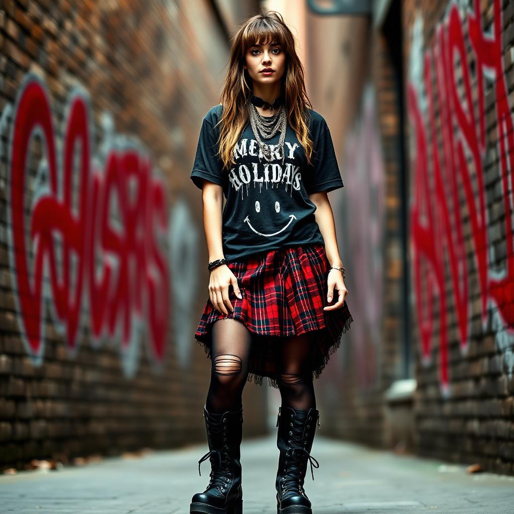 Evil Kristmas tee with plaid kilt and ripped tights.