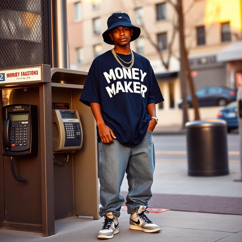 90s hip hop Money Maker with bucket hat and rope chains.